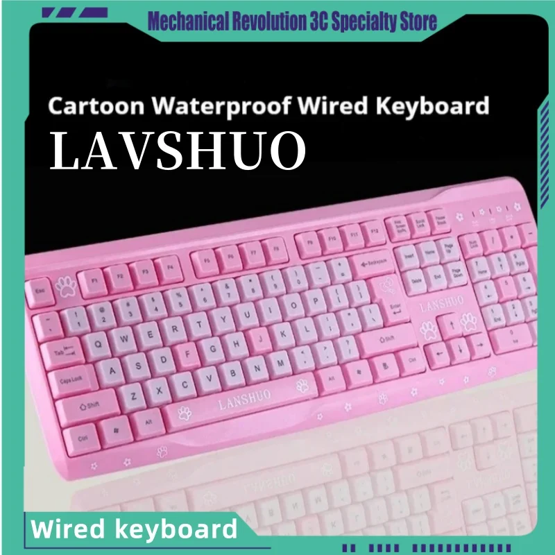 Imagem -01 - Teclado Mecânico Silencioso com Gato dos Desenhos Animados Todo Rosa Bonito Usb com Fio Simples Leve Office Learning Silencioso Novo 104 Chaves teclado mecanico silencioso com gato dos desenhos animados todo rosa bonito usb com fio simples leve office learning silencioso novo 104 chaves 01