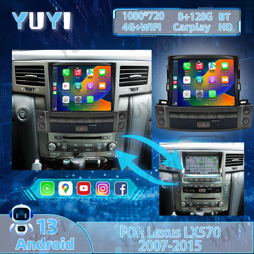 10.4 Inch Android 13 car radio For Lexus LX570 2007 2008-2015 Auto GPS Navigation DVD Multimedia Player Carplay HD Mainframe IPS