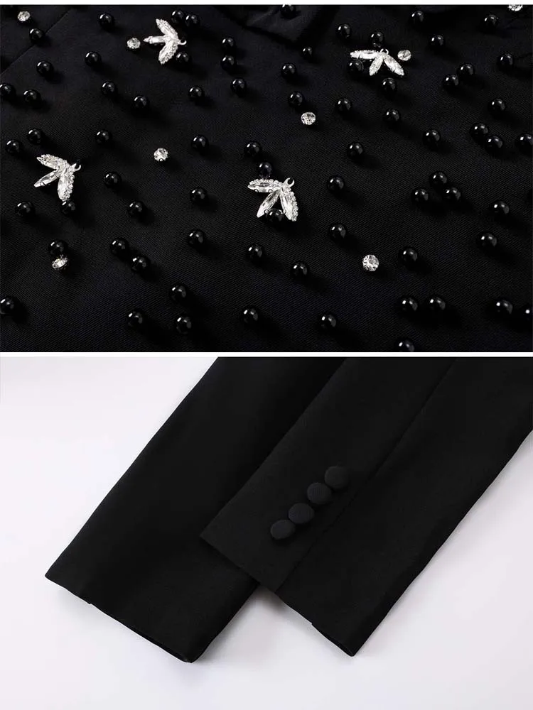 سترة فاخرة من حجر الراين والريش باللون الأسود للنساء لربيع وخريف 2025 معطف كبير الحجم مطرز باللؤلؤ سترة مزدوجة الصدر INKEO 5O037