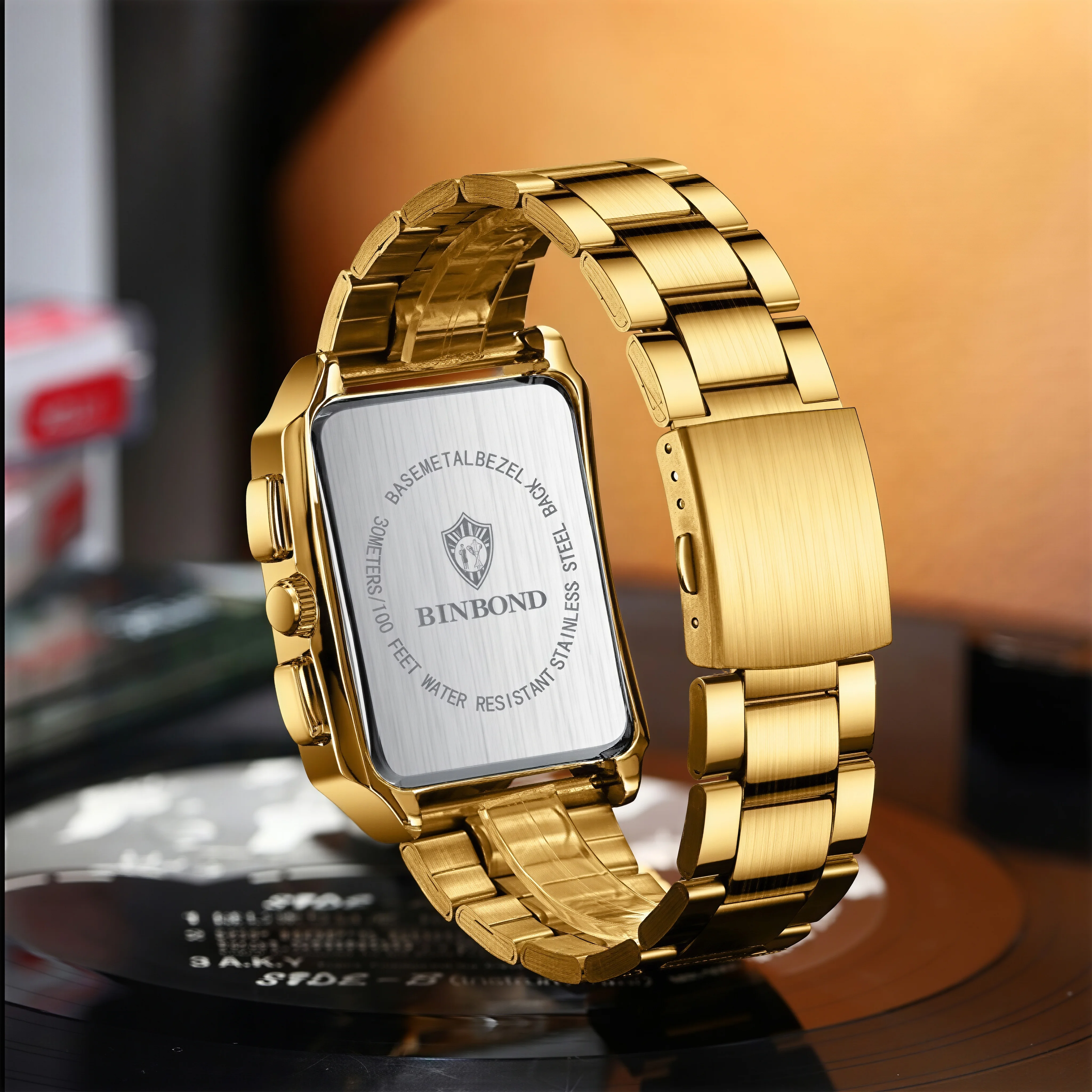 BINBOND Business Brand Mens Watch Square Design Stainless Steel Strap Luminous Display Waterproof Quartz Watch Birthday Gift