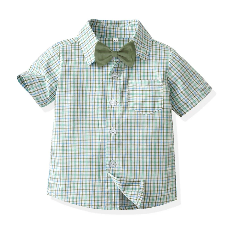 top and top Children Boys Gentleman Clothing Sets Short Sleeve Plaid Bowtie Shirts+Suspenders Shorts Toddler Boy Casual Suits