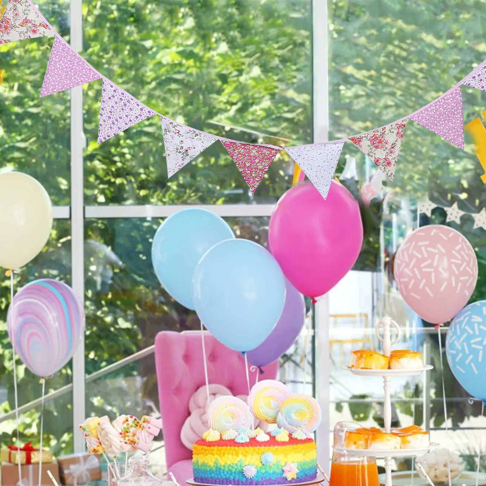 

Flowers and Colorful Flags Banner Birthday Decoration Baby Shower Vintage Bunting Banners Pennant