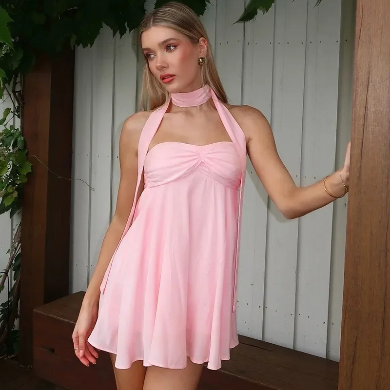 

Tuularose Pink Strapless Mini Dress Women Summer Sexy Backless Bandage Ruffled Pleated Short Dress Party Club Y2k Dress Vestidos