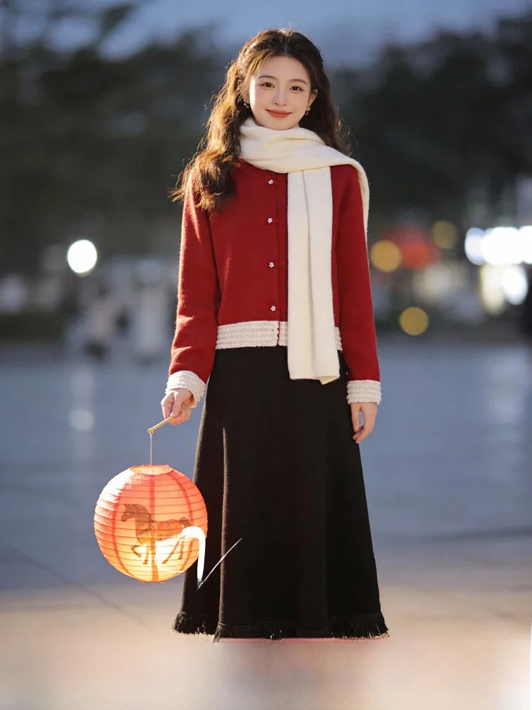 

plus Size Slimming Effect Knitted Set Spring 2026 New Arrival Color Blo Long Sve Top High Waist Skirt Two Piece Women's ...