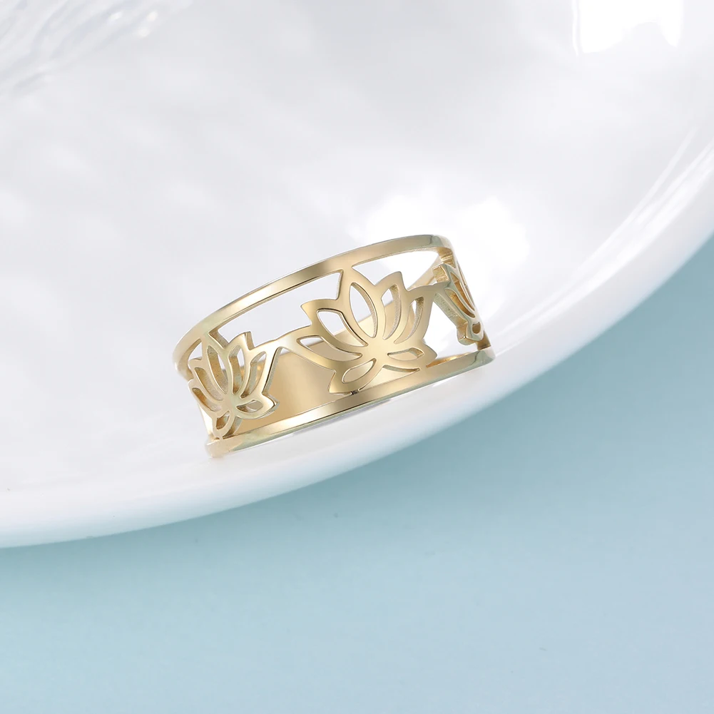 Kkjoy Mode Vintage Edelstahl Gold Farbe Lotus Blume Finger Ringe Für Frauen Buddhismus Amulett Schmuck Geschenk Großhandel – Detail 6