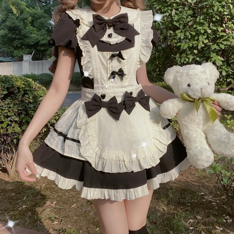 RORORIRI-vestido de princesa con lazo Kawaii para mujer, conjunto de 2 piezas de manga larga, falda envolvente de dos tonos, minivestido superpuesto, ropa de otoño Lolita