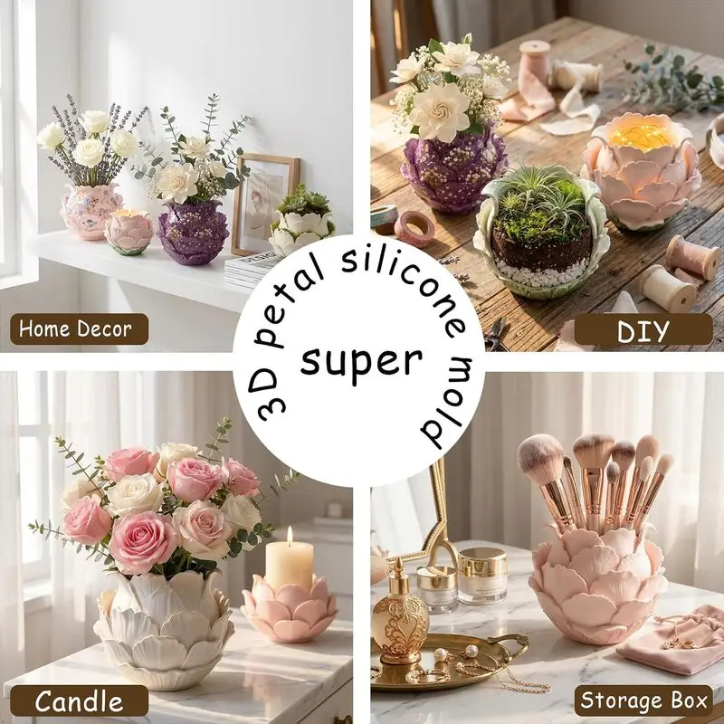 1Piece-packed flower pot mold Silicone resin floral peony relief molding mold，Concrete craftsmanshipDIY、Succulent plant pot、Pen view 2