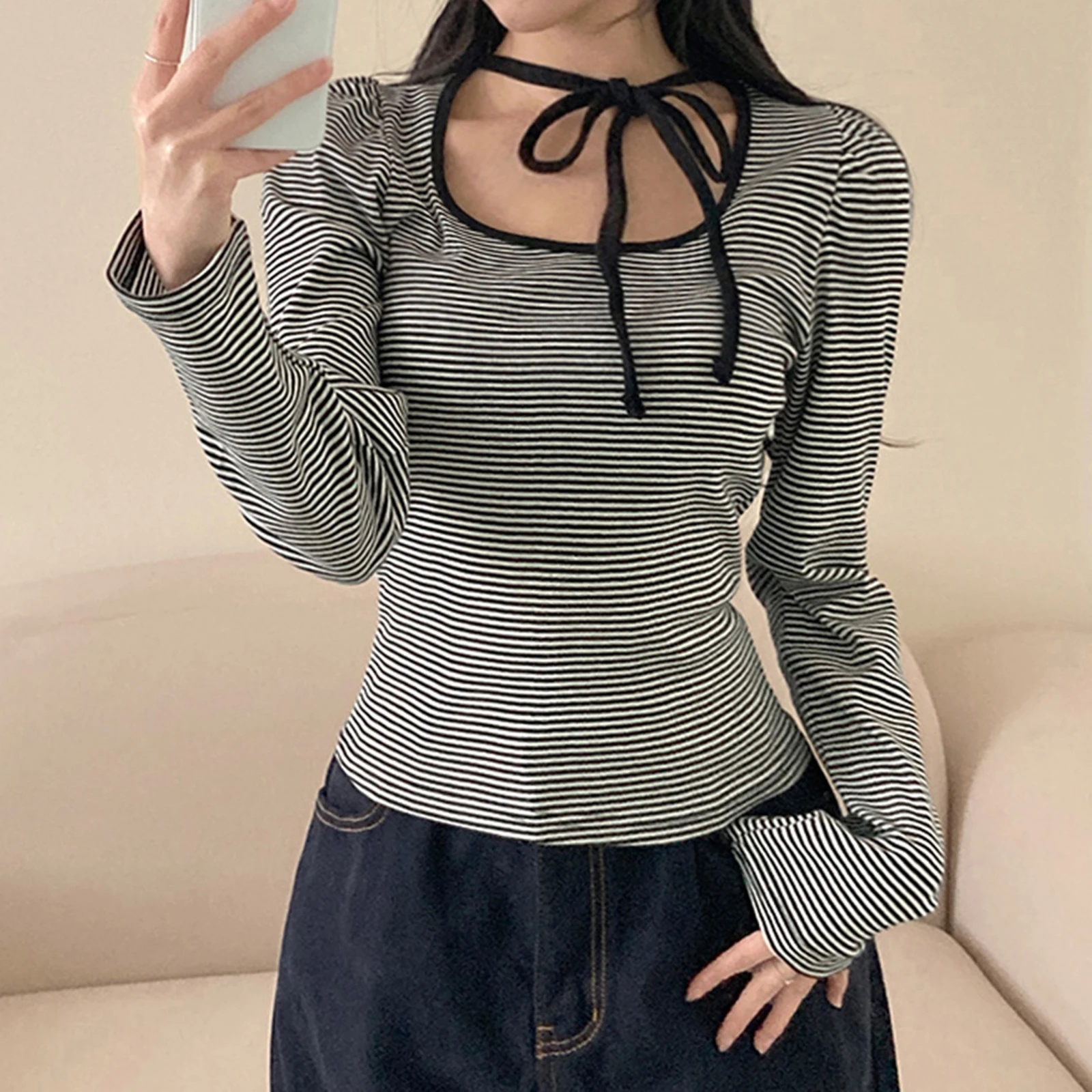 Dames tie-up patchwork tops met lange mouwen vierkante hals strepen print slim fit shirts lente herfst blouses