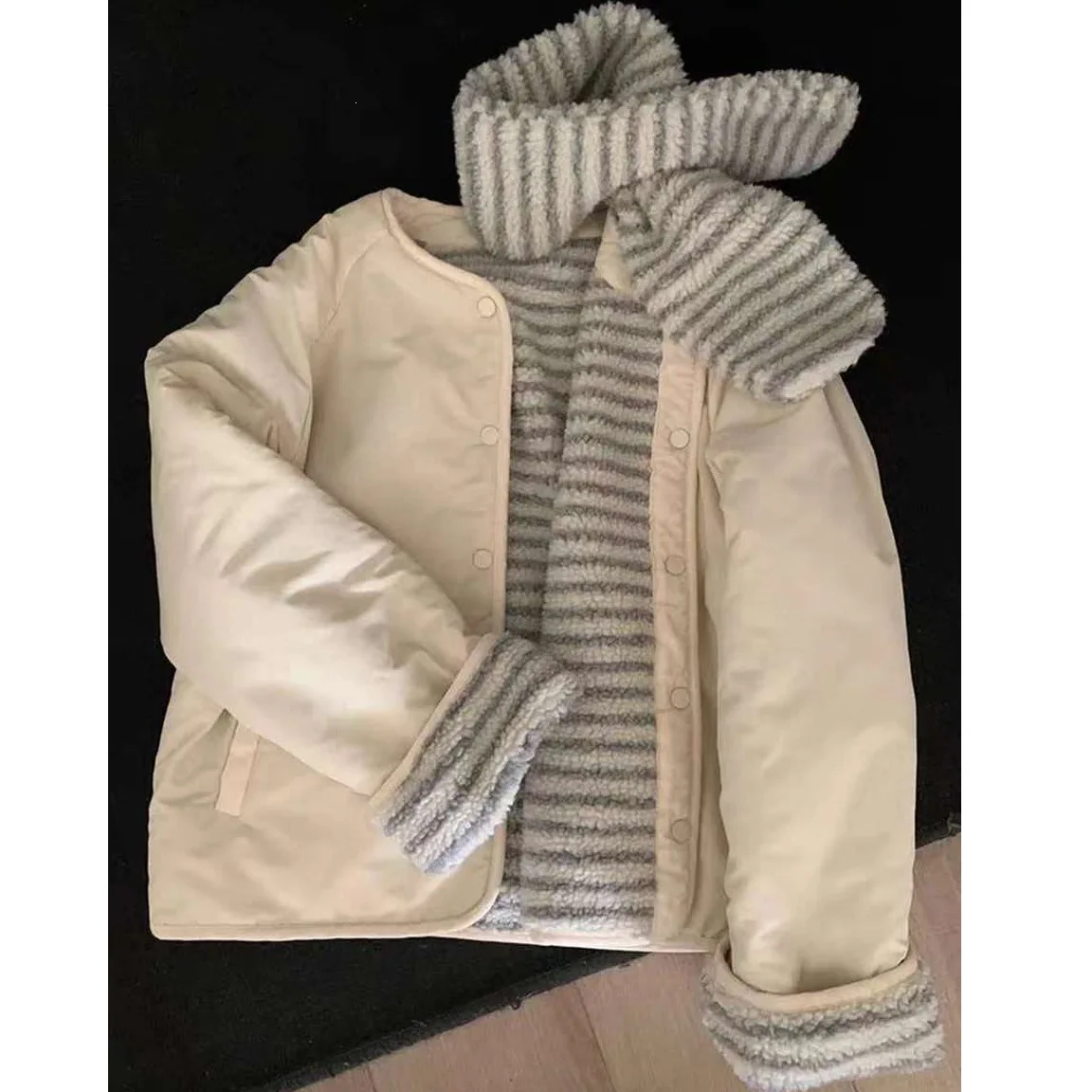 Korean Sweet Two Side Wear Padded Jacket Women Fleece Lined Thick Warm Parkas Woman Lazy Style Stripe Scarf Winter Jackets