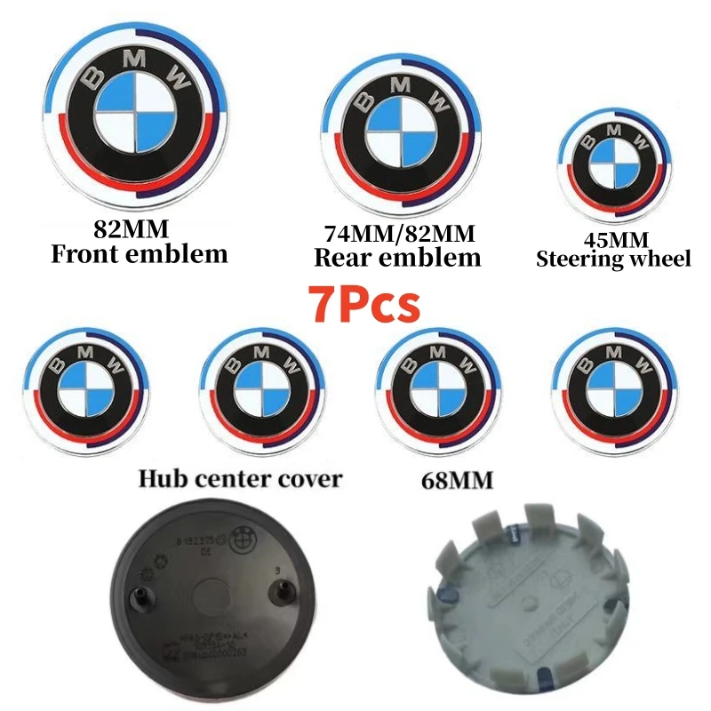 7Pcs Front Hood Emblem For BMW 50th Anniversary Logo 82mm+Rear Badge 74mm+Wheel HubCap 68mm+Steering Wheel Sticker 45mm
