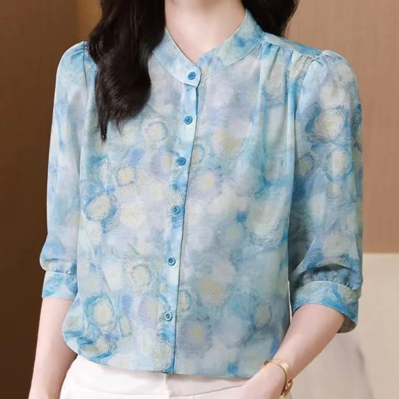 Elegant Fragmented Chiffon Single-breasted Shirt Women\'s 3/4 Sleeve Summer New Loose and Slim Shirt Covering Top Small Shirt