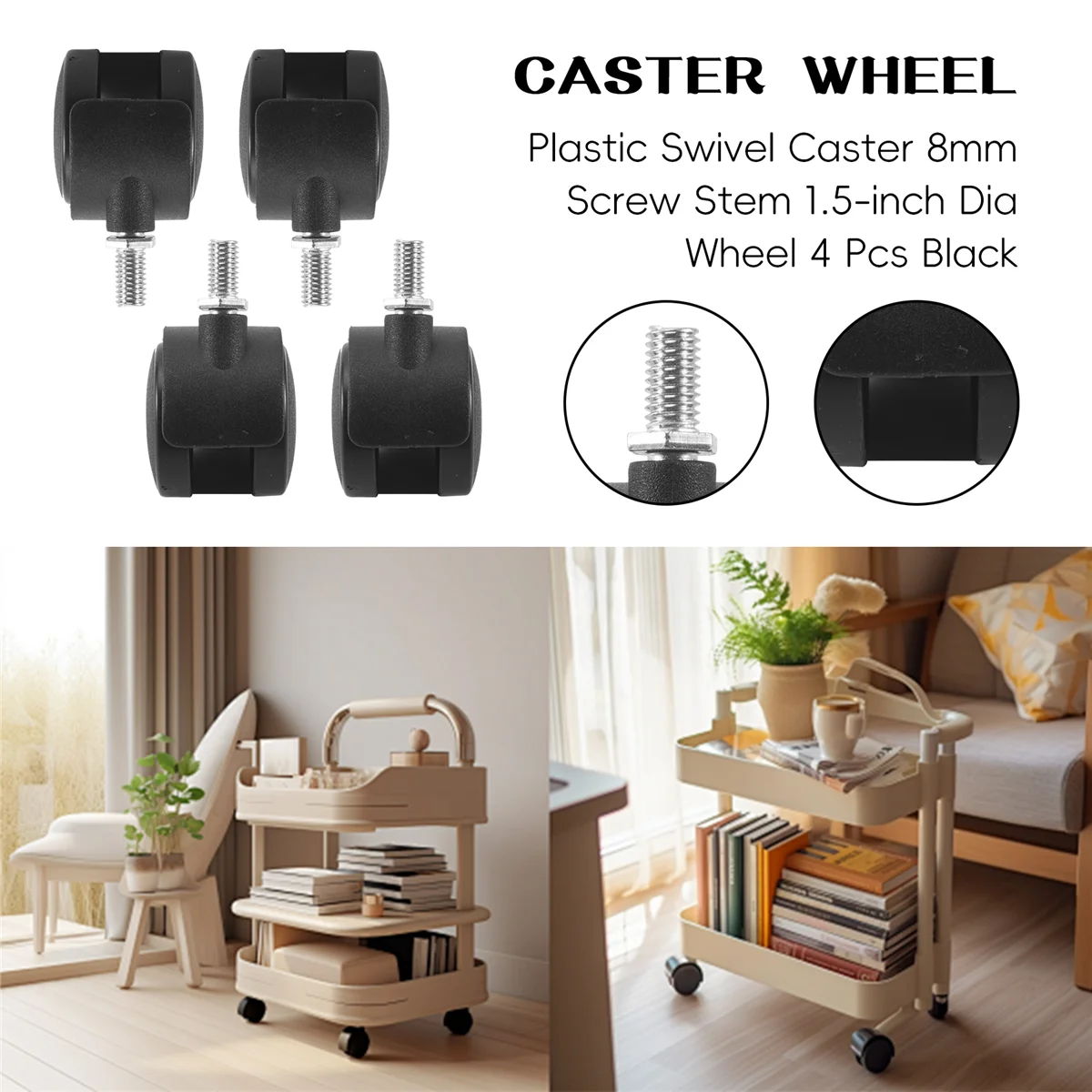 A44TPПластиковый поворотный ролик с винтовым стержнем диаметром 1,5 дюйма, 4 шт., черный