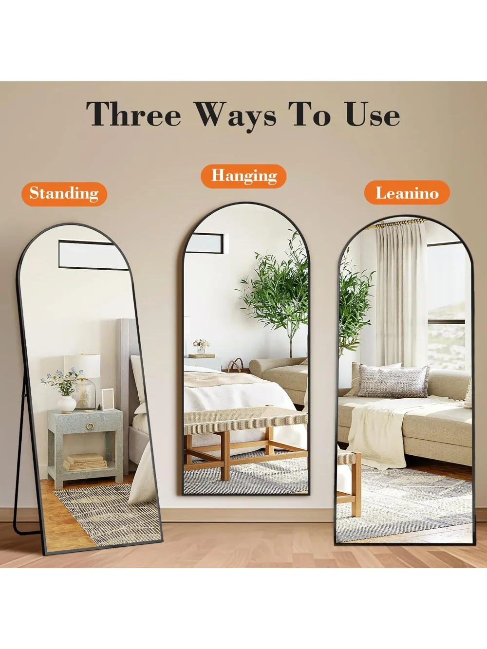 Espejo de longitud completa arqueado de 64"x21" con soporte, nanovidrio irrompible, marco de aluminio, negro