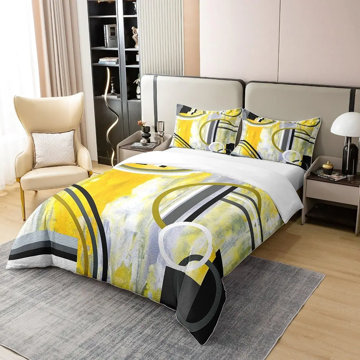 Modern Yellow Black Grey Duvet Cover Set Watercolor Oil Painting Bedding Set with Pillowcases Abstract Circles Quilt Cover