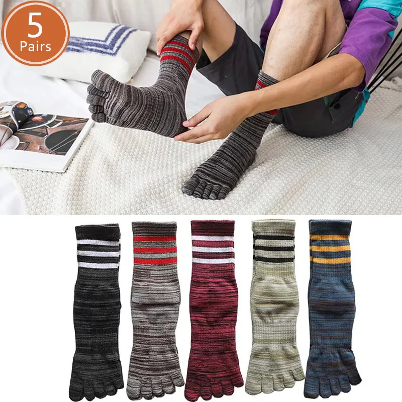 

1/5 Pairs Men Five Toe Socks Short Cotton Striped Colorful Sweat-Absorbing Athletic Crew Socks For Fitness Running Cycling