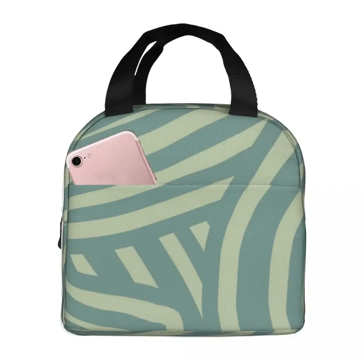 Dark Sage Green Stripe Pattern Lunch Bag Portable Insulated Oxford Cooler Floral Thermal Food Picnic Tote for Women Girl