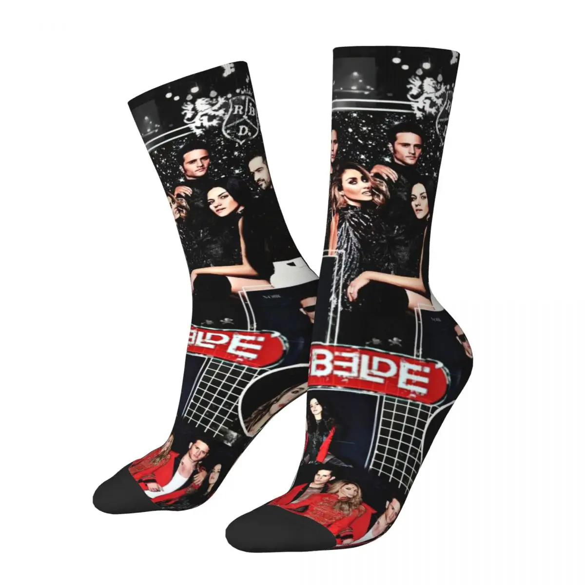 Hip-hop Rebelde Mexican Collage Basketball Socks RBD Polyester Crew Socks for Unisex Sweat Absorbing