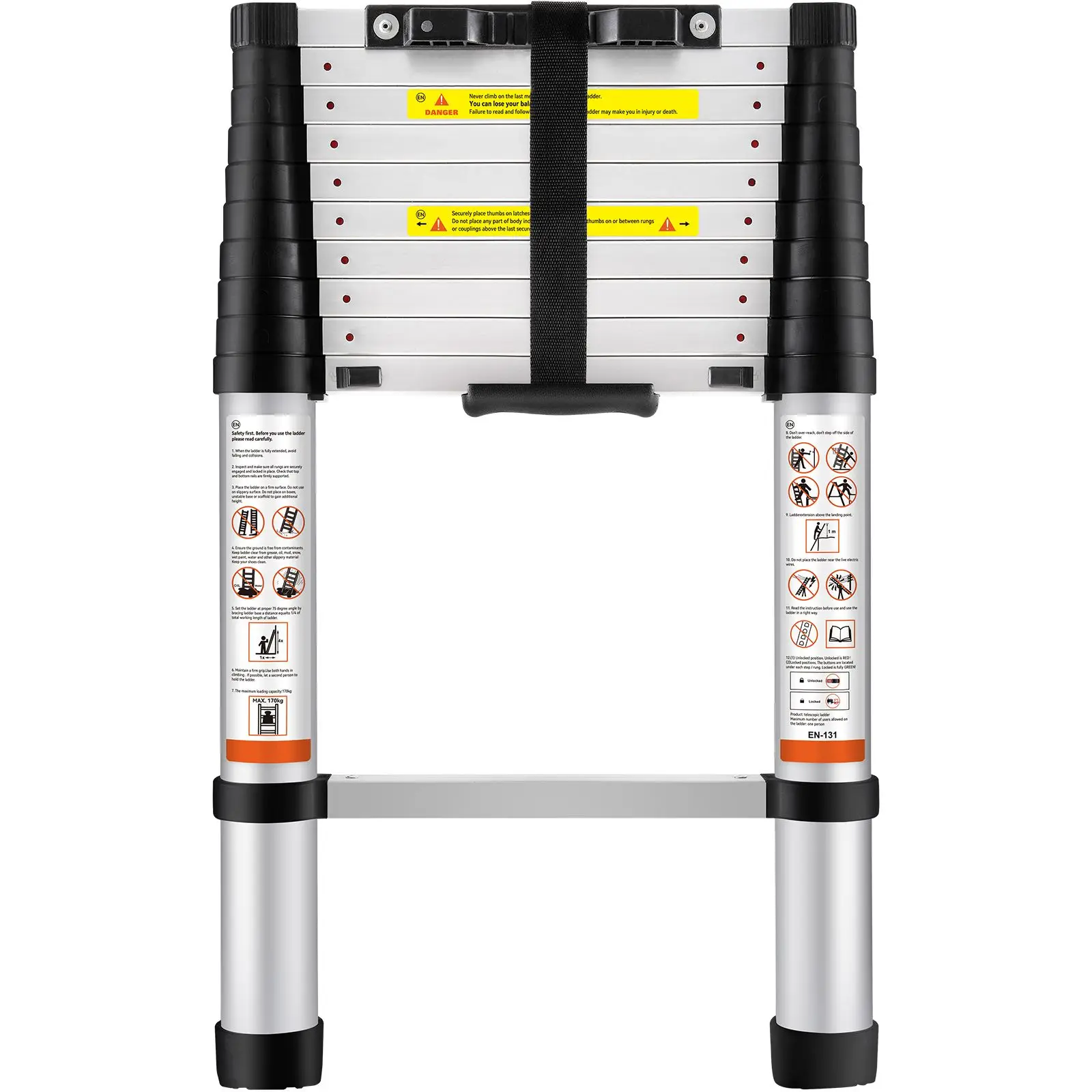 Telescoping Ladder, 10.5 FT Aluminum One-button Retraction Collapsible Extension, 375 LBS Capacity with Non-slip Feet, Portable
