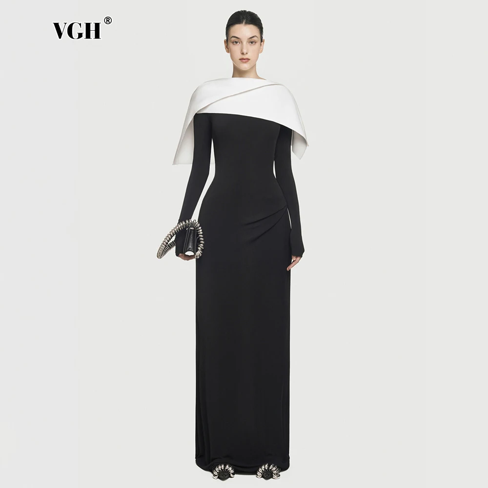 

VGH Chic Elegant Backless Hit Color Dresses For Women O Neck Long Sleeve High Waist Temperament Folds Slimming Dress Female New