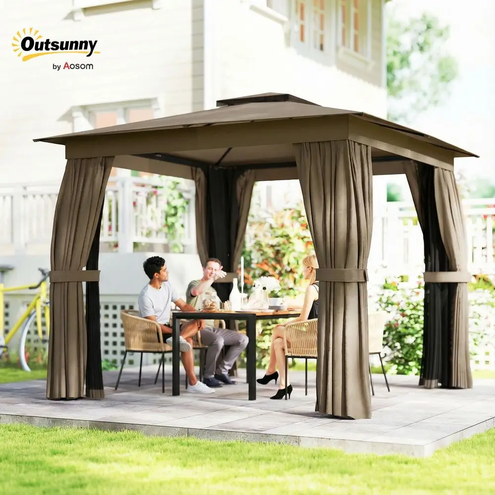10 x 10 Outdoor Patio Gazebo with Double Roof, Khaki