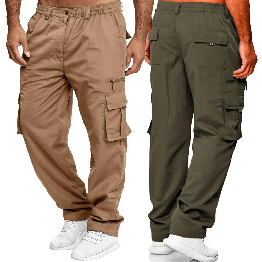 Effen Kleur Mannen Broek Ademende Outdoor Cargo Broek Elastische Taille Multi Zakken Plus Size Zachte Losse Pasvorm Voor Heren