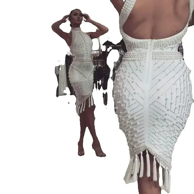 カスタマイズされたセクシーなハイネックノースリーブサテンマーメイドフルパールウェディングドレス膝丈オープンバックブライダルドレス