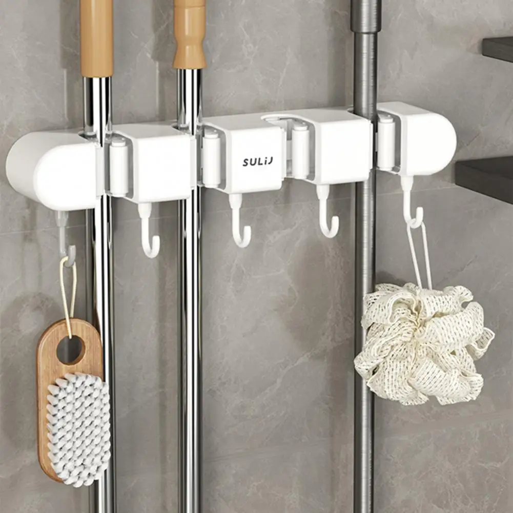 Wall-Mounted Mop Holder Waterproof Punch-Free Universal Multi-Functional Mop Broom Hanger Shelf Magic Plastic Rack Space Saving