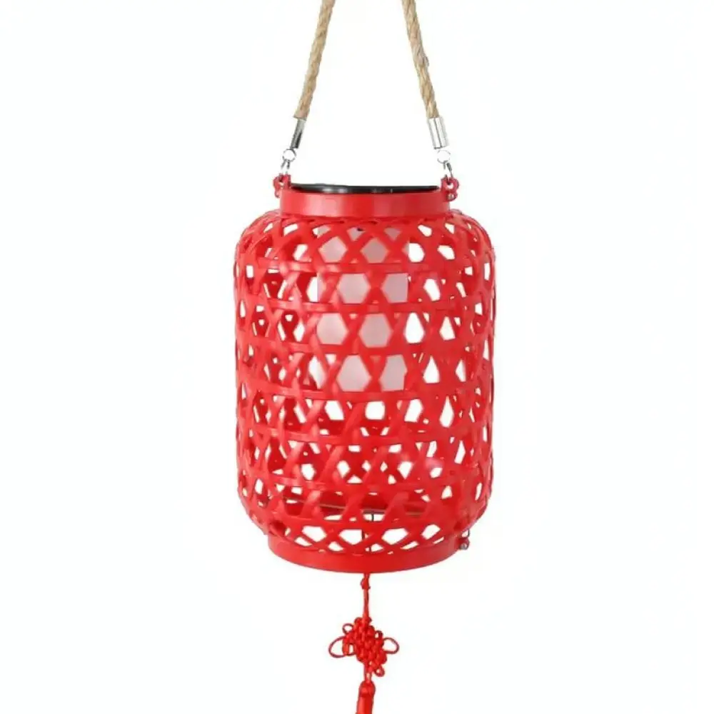 Vintage Solar Lantern Outdoor Garden Light Chinese Bamboo Weave Hanging Lamp Waterproof Yard Decorative Lighting