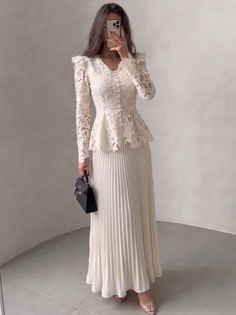 Fashion 2 Piece Sets Women Outfit Autumn Clothing Women 2026 Embroidery Lace Top Pleated Skirt Suit Elegant Two Piece Dress Sets