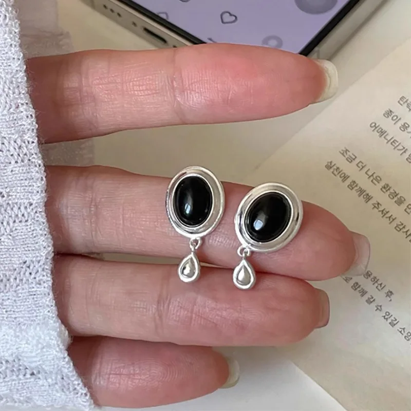 Foxanry Prevent Allergy Ellipse Black Zircon Stud Earrings For Women Girls Minimalist Classic Elegant Fashion Birthday Jewelry