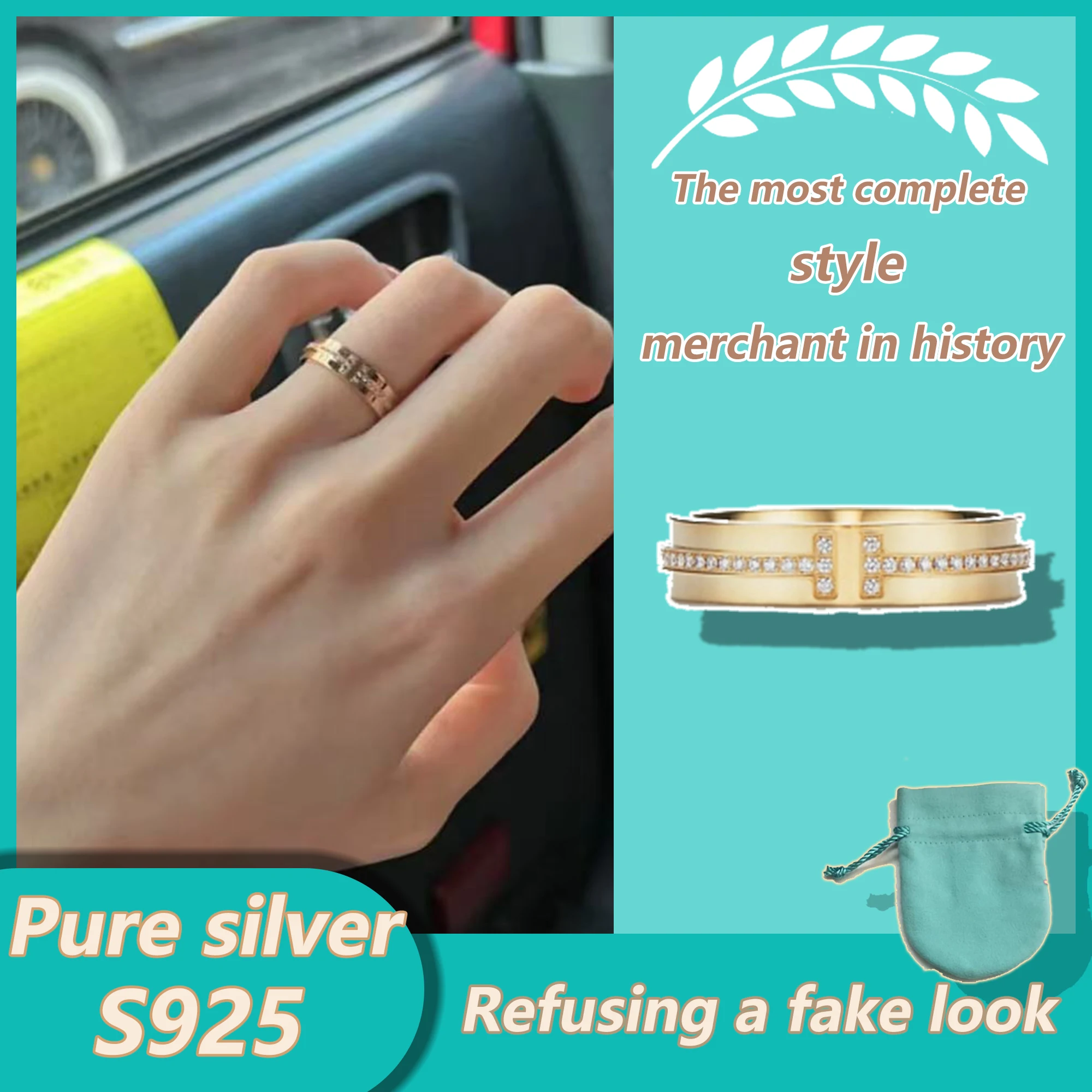 

High grade diamond studded double T ring made of pure silver S925 with smooth surface and versatile temperament, T series ring