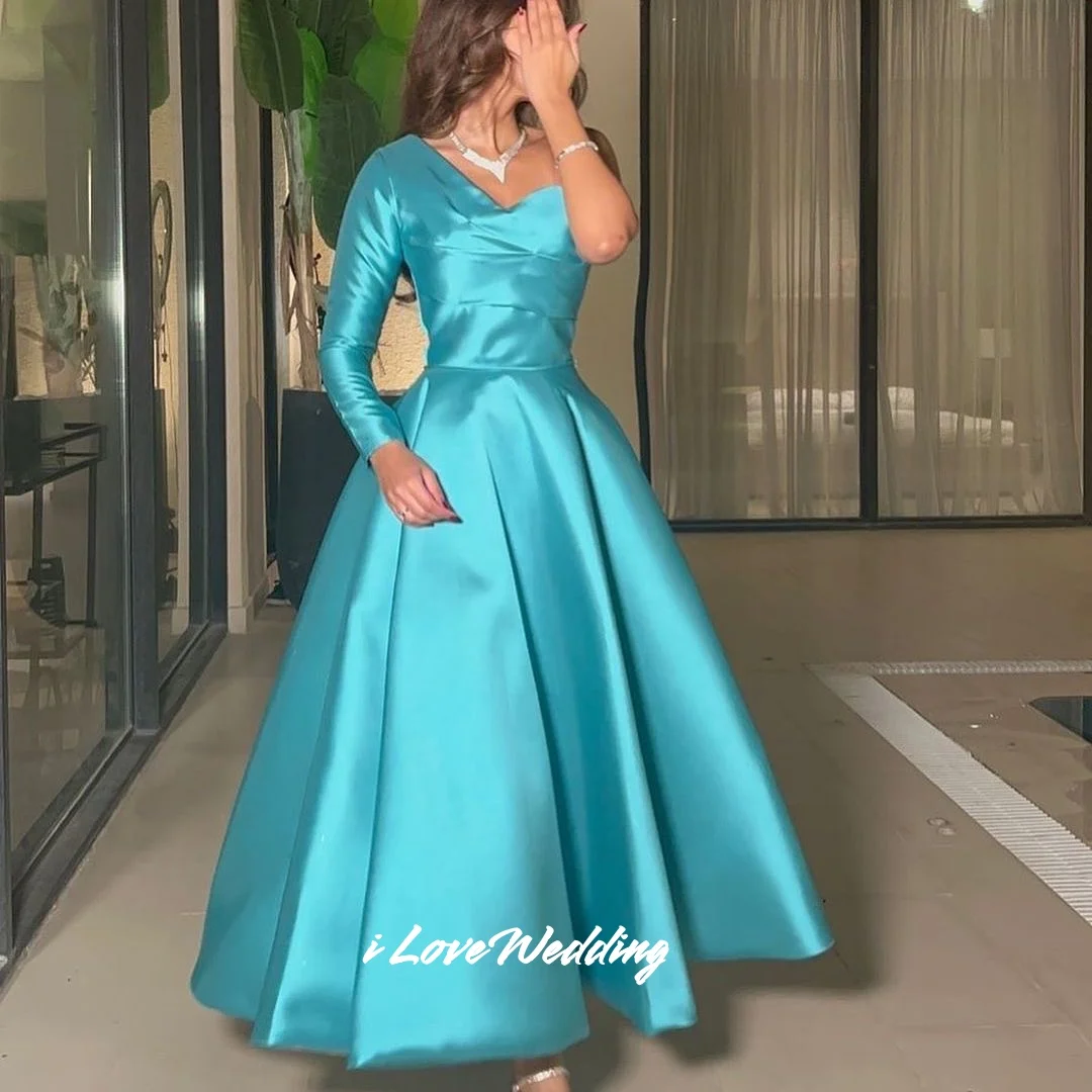 Robe de bal bleue en Satin, asymétrique épaule dénudée, manches longues, ligne a, longueur au sol, robe de soirée de mariage plissée, personnalisée