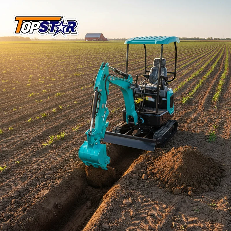 Multifunctional Mini Excavator 1.3 Ton Diesel-Powered Small Digger with Rake Attachment for Garden Leveling