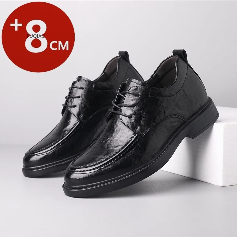

Men's Cow Leather Derby Shoes Invisible Elevator Shoes 3/6/8CM Height Increase Business Casual Lace Up Soft Sole Oxfords