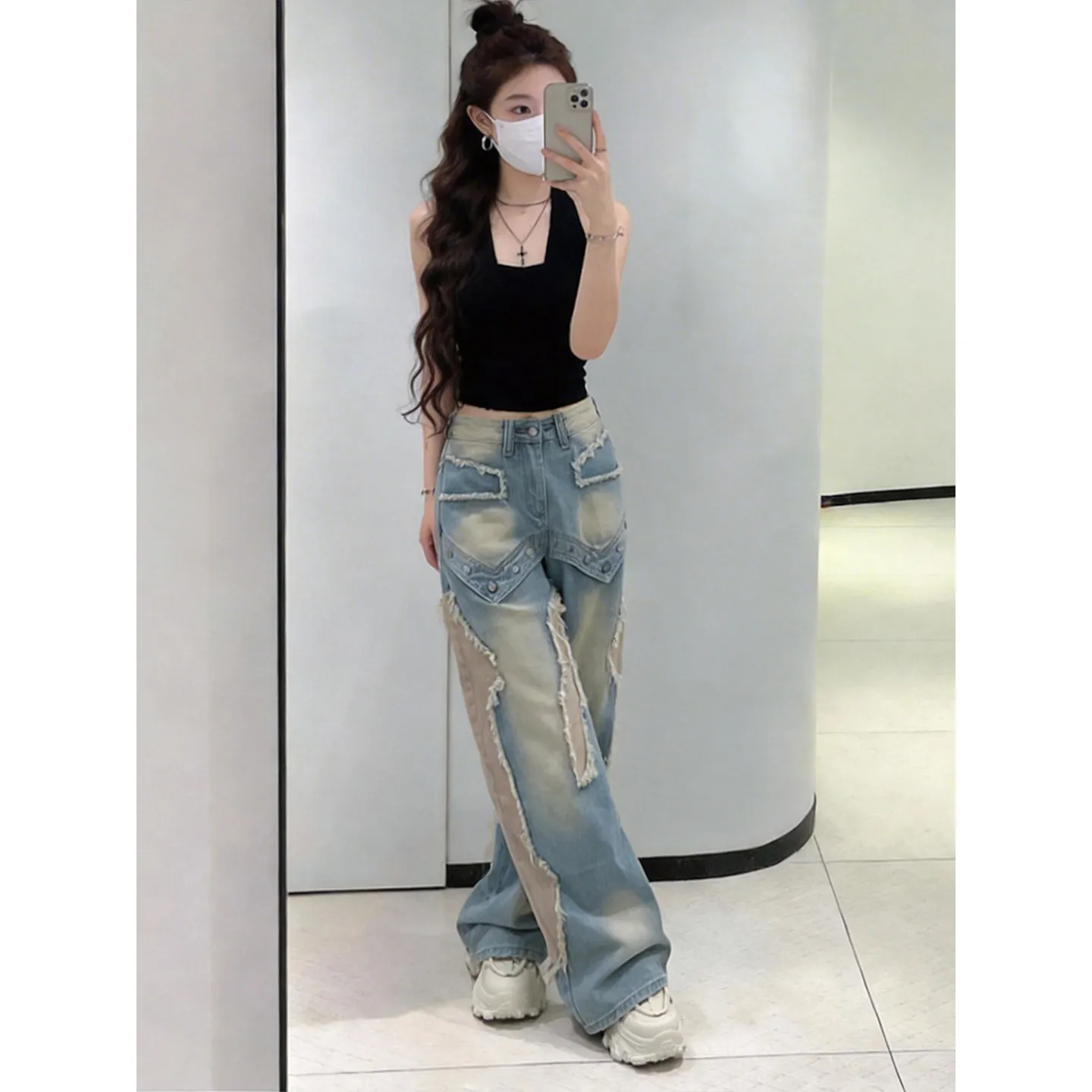 Vintage American High Street Ripped Distressed Jeans Women Breathable High Quality Loose Floor Length Water Wash Denim Pants New