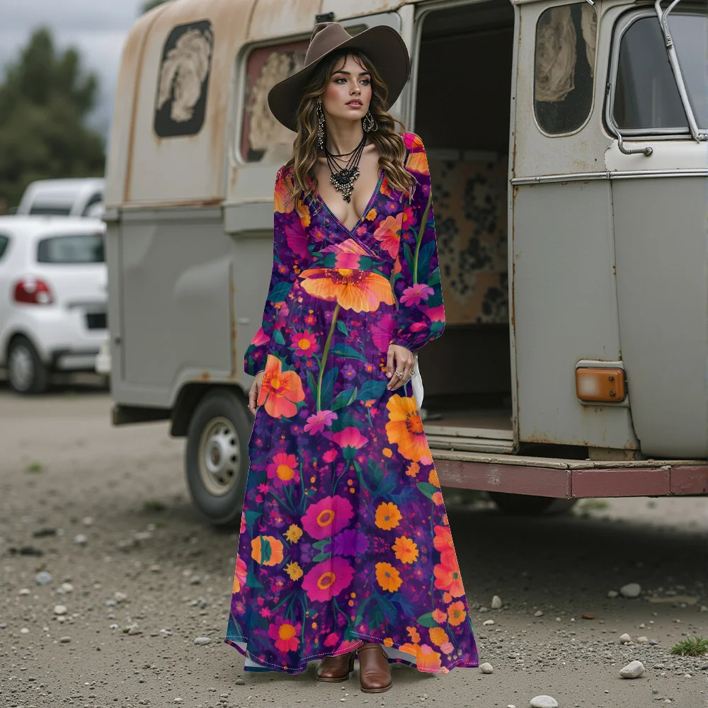 Fairytale A-Line Maxi Dress Women Elegant White Chiffon Bohemian Gown Butterfly Floral Print Deep V Neck Puff Sleeves Dress