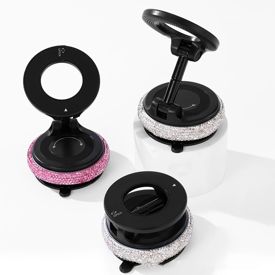 Bling Rhinestone Magnetic Phone Holder 360° Rotatable Phone Holder Foldable Design Vacuum Suction Cup Perfect for Car Dashboard