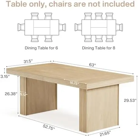 63 Inches Farmhouse Dining Table for 6, Modern Kitchen Table with Fluted Line for Dining Room, Living Room, Natural