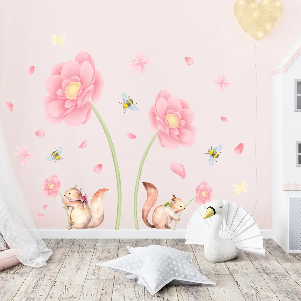 

Pink Flower Bee Wall Decal Paper Living Room Wall Decal Self adhesive