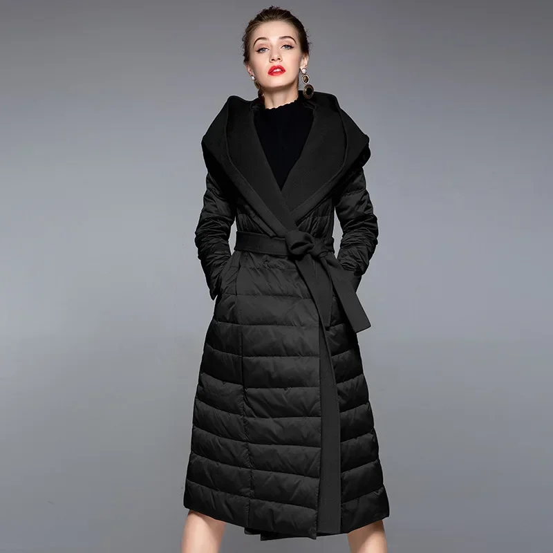 2024 Winter European Women Down Jacket White Duck Down Long Coat Fashion Hooded Warm Coat