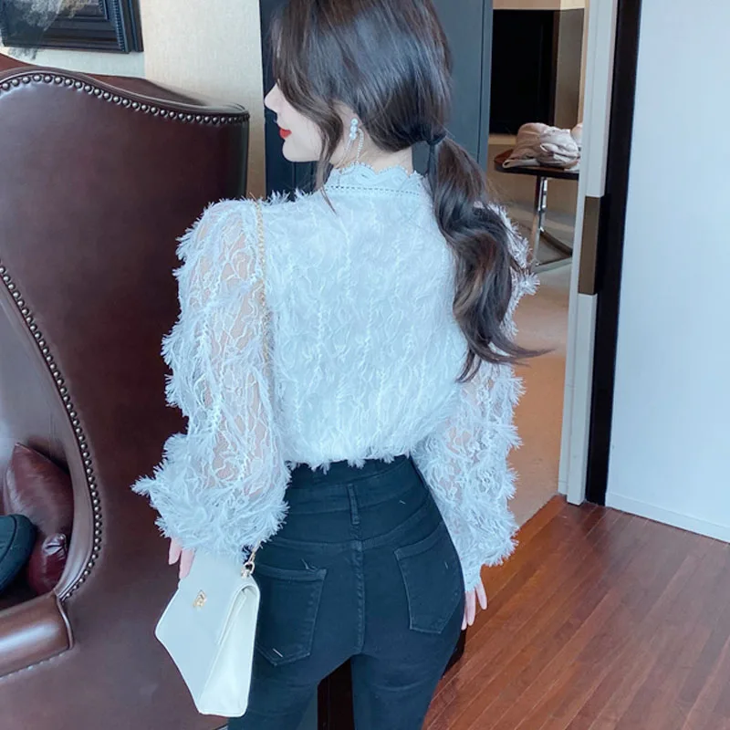 Vintage V-neck Long Sleeve Lace Blouse Women Tops Tassel White Shirts Blusas Hollow Out Lace Flowers Ladies Blouses Shirts 16095