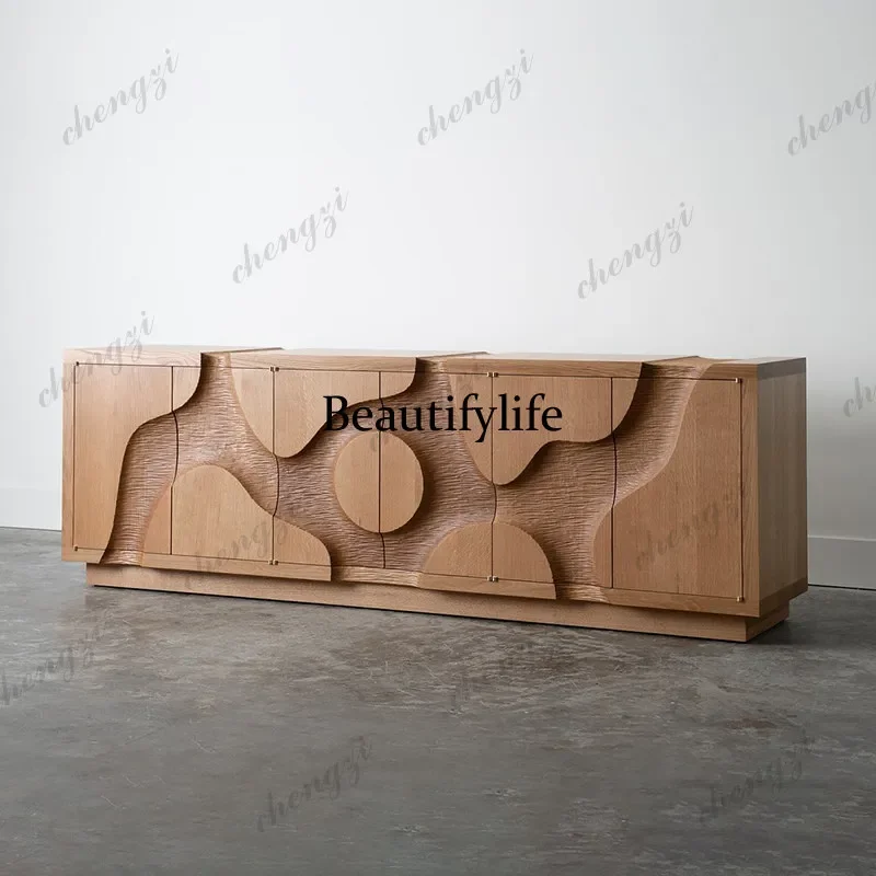 Medieval solid wood carved side cabinet, retro light luxury household entrance cabinet, special-shaped design, storage cabinet