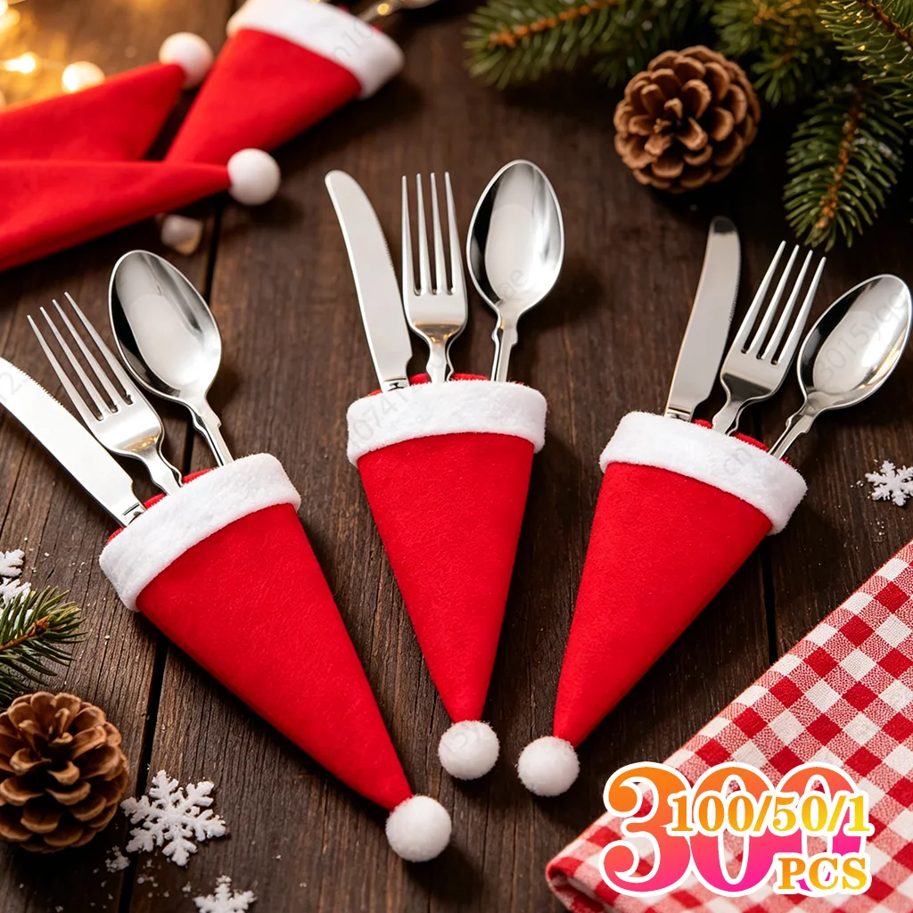 1-300PCS Christmas Hat for Fork Knife Tableware Decorations Plush Mini Santa Hat Family Party New Year Gifts Xmas Hat Red Cap