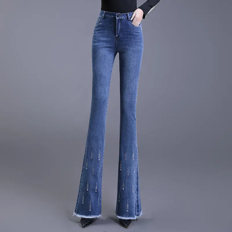 Jeans a zampa da donna di moda coreana primavera autunno New Streetwear nappa a vita alta Skinny Office Lady pantaloni Casual dritti in Denim