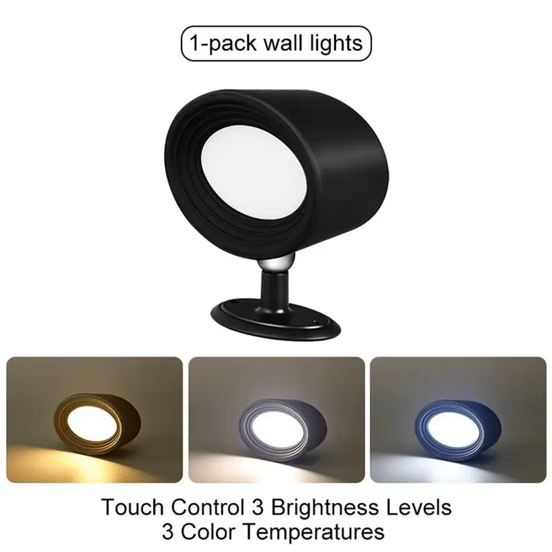 Cordless LED Wall Mounted Lights, Rechargeable Sconces Lamp, 3 Color Temps& Touch, 360° Rotation Dimmable