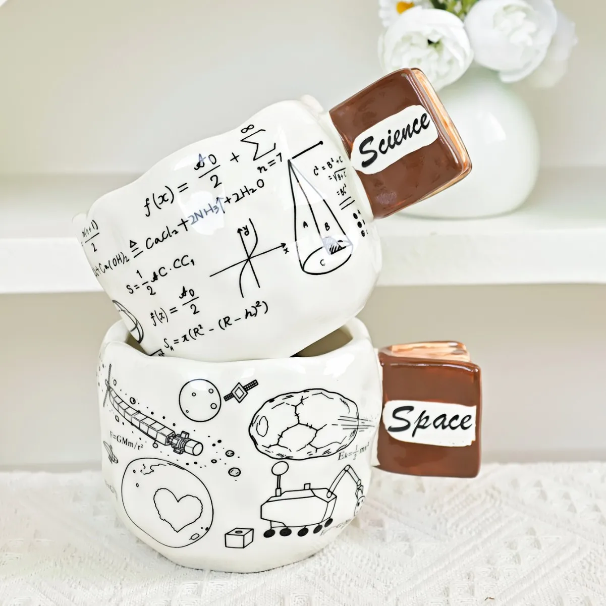Book Handle Ceramic Mug with Science Formulas, Handmade Irregular Shape,Novelty Coffee Cup,Science teacher&students's Funny Gift