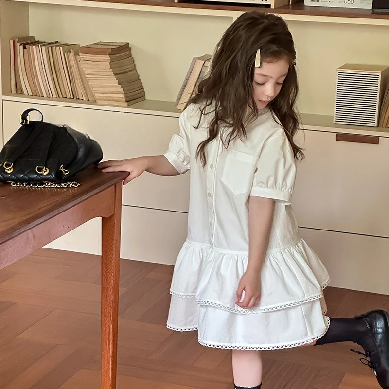 

Solid Color Shirt Cake Skirt Summer New Cute and Sweet Korean Thin Casual Lapel Shirt Cake Skirt Kids Clothes Girls