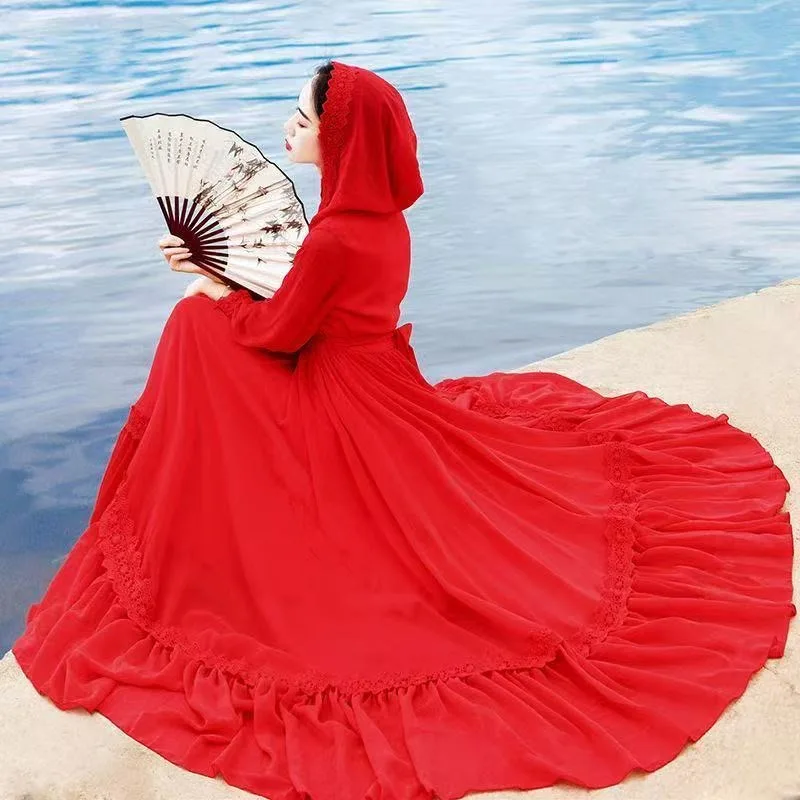 Red Vintage Long Dress Women's Traveling Beachwear Desert Holiday Skirt High Waist Floor Length Single Color Autumn Season
