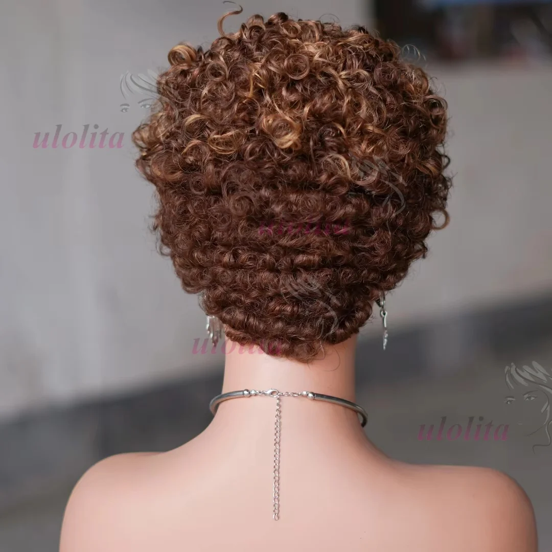 6 Zoll kurze lockige Perücken mit Pony, 4/30 Highlight Piano-Farbe für schwarze Frauen, Echthaar Pixie Cut, federnde lockige Echthaarperücken – Detail 10