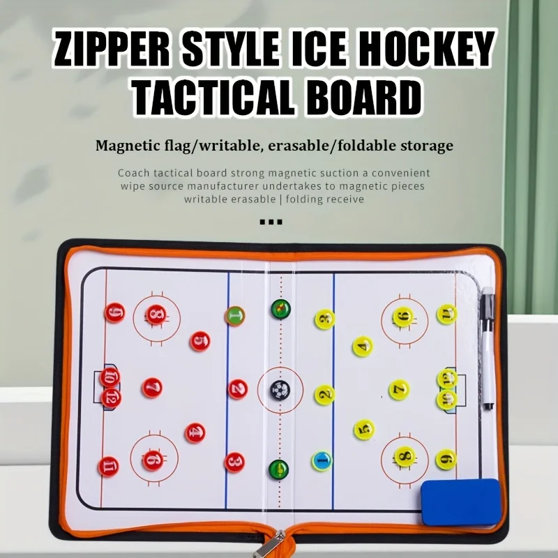 1pc Zippered Two-Fold Ice Hockey Tactical Board - Magnetic Flag/Writable Erasable/Foldable Storage Portable Folding